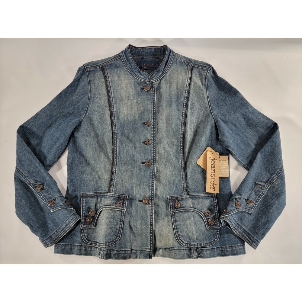 Jeanstar Womens Sz L Jean Jacket Distressed Denim Stretch Luxe‎ New With Tags!
